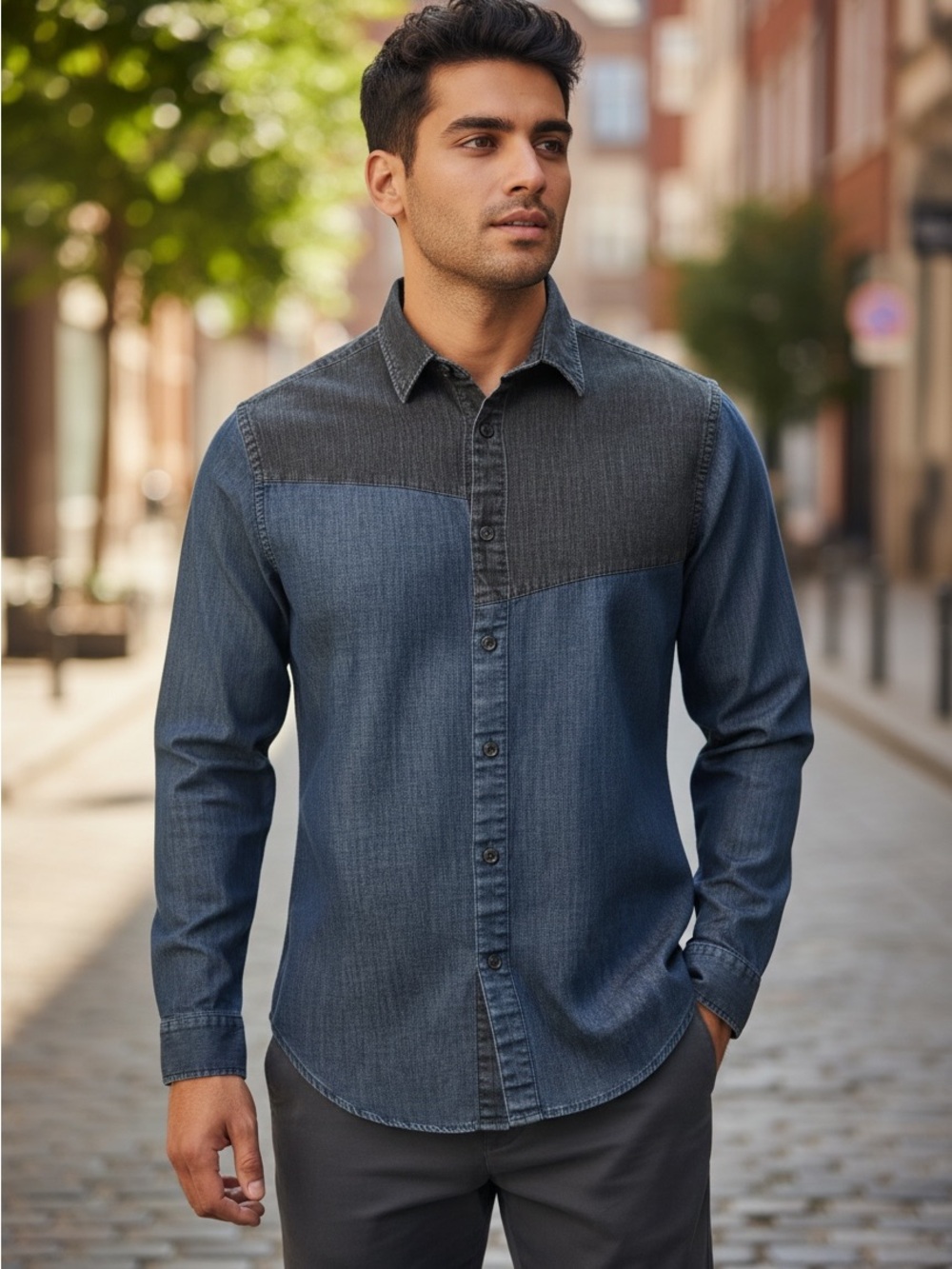 WON Woolf Original New York Two-Tone Denim Shirt - Blue/Charcoal